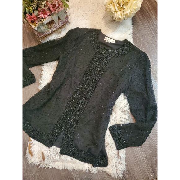 VTG LAWRENCE KAZAR SILK Black SEQUIN BEADED JEWELED JACKET BLOUSE TOP SZ S NY - Picture 1 of 6